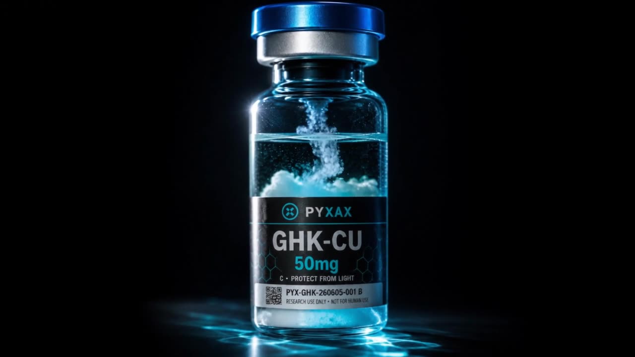A PYXAX GHK-Cu 50mg research vial, labeled for research use only with a lot-specific batch number, as the lyophilized contents swirl in solution.